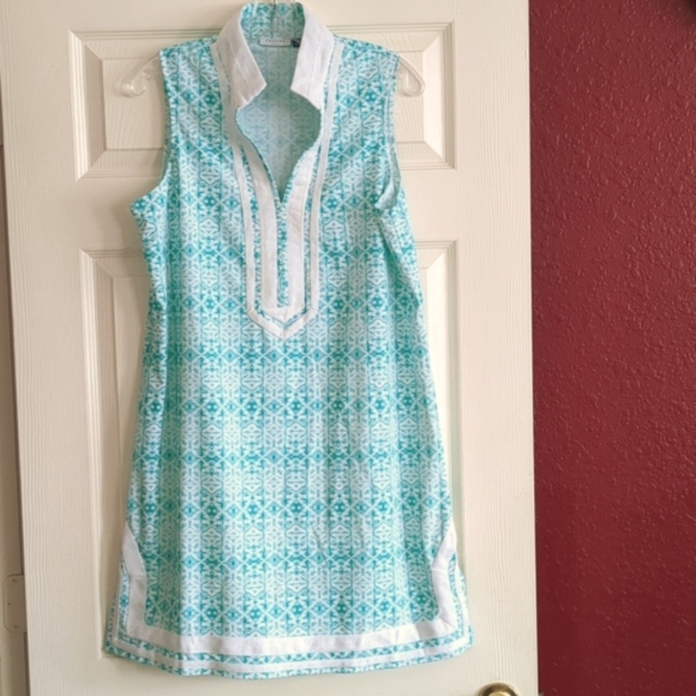 CABANA LIFE Green-White Embroided Sleeveless Tunic Mini Dress SPF 50+ Protection - Picture 2 of 10